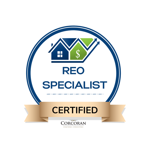 REO Specialist Certified badge from Corcoran Coaching and Consulting, taught by Bubba Mills